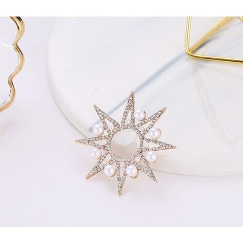 Full Shiny Crystal White Simulated Pearls Beads Eight Pointed Star Shape Silver Plated Golden Stud Earrings For Girls Women