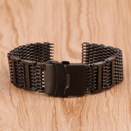 HQ 20mm 22mm 24mm Stainless Steel Black Shark Mesh Design Durable Watchband Strap Replacement for Men Women + 2 Spring Bars