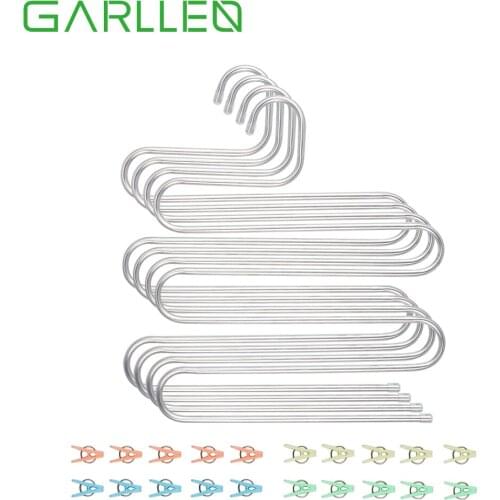 GARLLEN 4 Pack Stainless Steel Pants Hangers S-Shape 5 Layers Hangers Multi-Use Space Saver With 20Pcs Clip For 5 Jeans/Ties