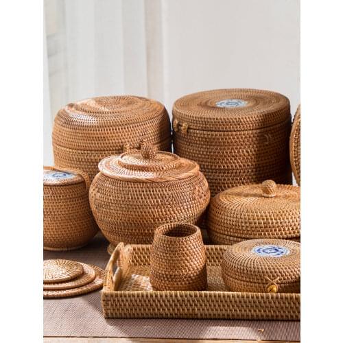 Vietnam Rattan Storage Basket Tea Cans Pu'er Tea Tea Cake Packing Box Gift Box Storage Organizer Storage Tea Barrel Tea Box