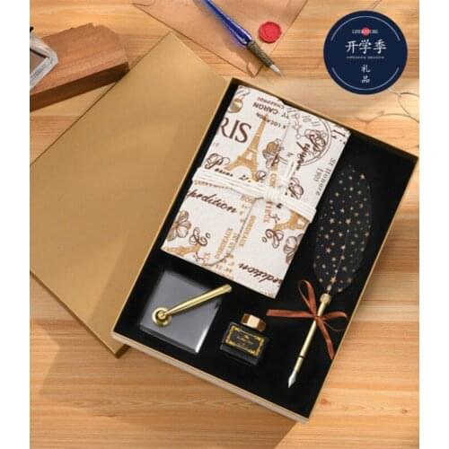 Vintage Feather Pen Gift Box Set,Retro Notebook,Dip Fountain Pen,1 Ink,1 Transparent Acrylic Pen Nib Base, Stationery Supplies
