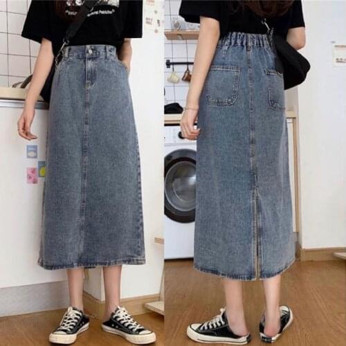 Plus Size Back Split Straight Denim Skirts Women Summer Elastic High Waist Button Pocket Office Lady Loose Mid Length Jean Skirt