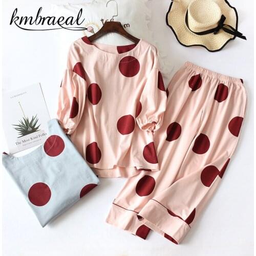2021 Summer and Autumn Womens Pajamas Knit Cotton Half-sleeved Trousers Two-piece Wave Point Sleepwear Soft Homewear Plus Size