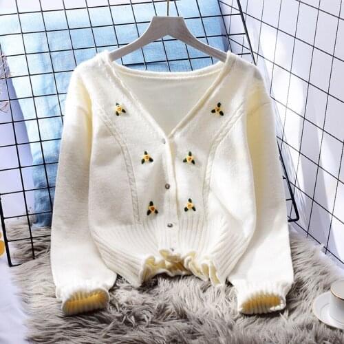 Flower Embroidery Knitting Women Sweater Cardigan Autumne Sweet Style Office Lady Elegant Outwear Coats Tops