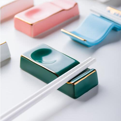 1 PC Square Ceramic Chopsticks Holder with Golden Edge European Style Kitchen Chopsticks Pillow Spoon Rest Kitchen Tableware
