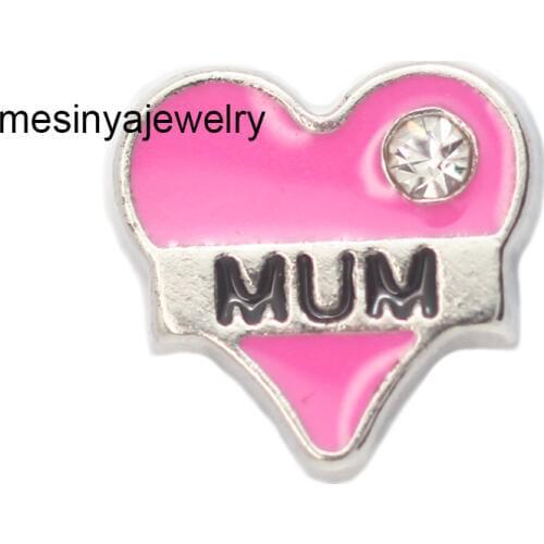 10pcs Heart Shape Pink Mum With Crystal Custom Floating Charms For Glass Locket