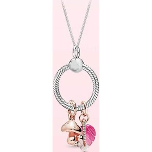 100% 925 Sterling Silver pandora necklace Charm forest rose gold mushroom leaf gift for girlfriend jewelry