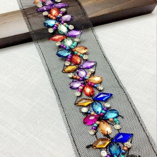 2Yards Colorful Beads Lace Trim Black Mesh Rhinestone Beaded Ribbon Trim for Dress Belt shoes bags