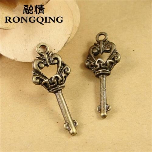 RONGQING 50pcs/lot 34*14*9MM Antique bronze Keys Pendant Alloy DIY Fashion charm Bracelet Necklace Jewelry Accessories
