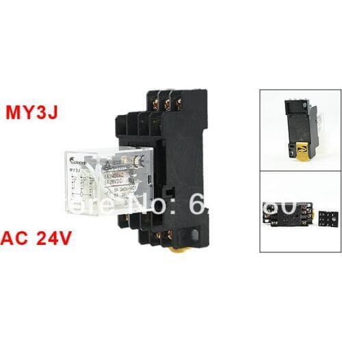 AC 24V Coil 5A 240VAC 28VDC 3PDT 3P2T 35mm DIN Rail General Purpose Electromagnetic Power Relay MY3J w 11 Pin Base Socket