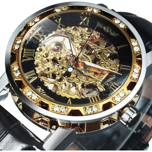 WINNER Official Brand Luxury Watch Man 2020 Skeleton Mechanical Watches Crystal Iced Out Leather Strap Wristwatches Lovers Gift