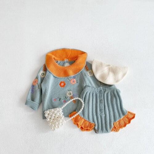 9263 Baby Clothing Set Girl Suit Autumn New 2021 Baby Girl Knitting Set Embroidered Ruffle Collar Top + Lace Pants Two-piece Set