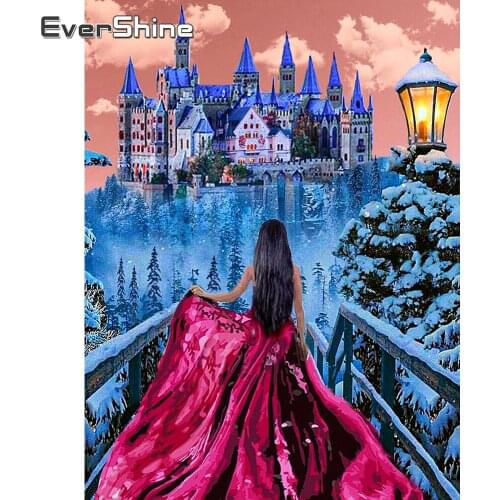 EverShine 5D Diamond Painting Landscape Cross Stitch Diamond Embroidery Castle Picture Of Rhinestones Winter Mosaic Home Decor