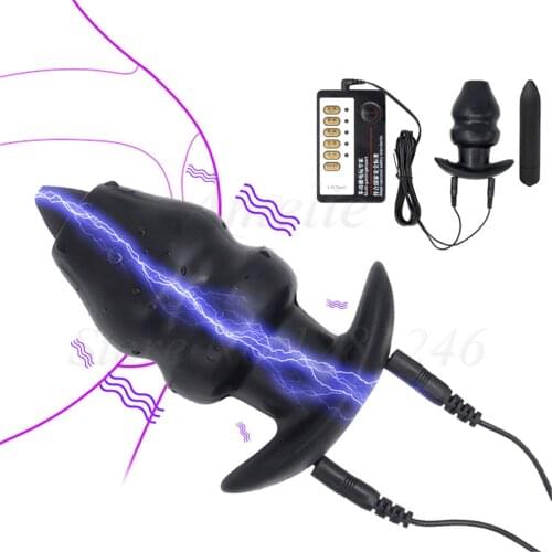 Electro Shock Hollow Butt Plug Enemator Prostate Massage Vibrator Silicone Speculum Electric Anus Dilator Sex Toys for Men Women