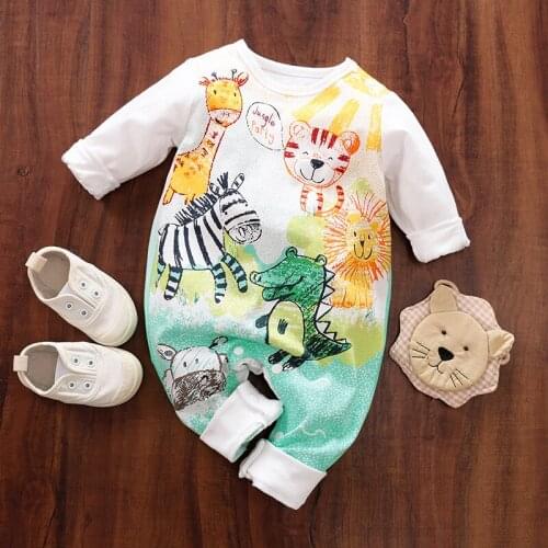 PatPat 100% Cotton Jungle Animal Letter Print Long-sleeve Baby Jumpsuit