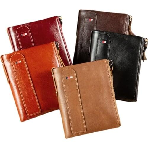 Vertical Short Mens Zipper Wallet Genuine Leather Wallet RFID Blocking Credit ID Card Holder Purse Bag Wallet Business Men