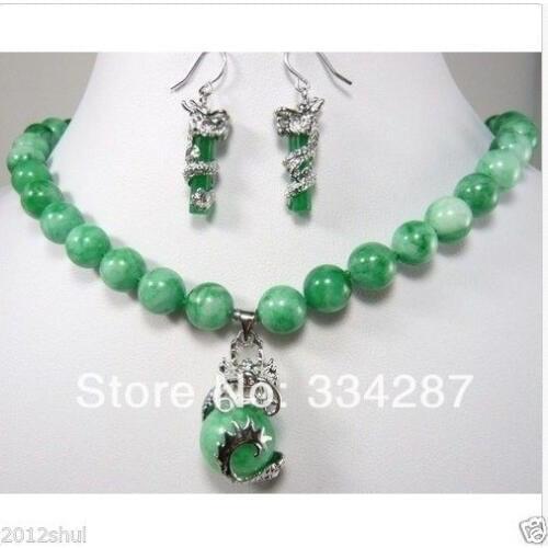 Beautiful color green stone dragon pendant necklace earring set