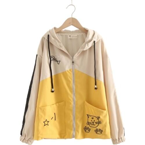 New Cat Embroidery Hooded Jacket Casual Windbreaker 2020 Autumn Loose Zippers Patchwork Outerwear Coat 2012020