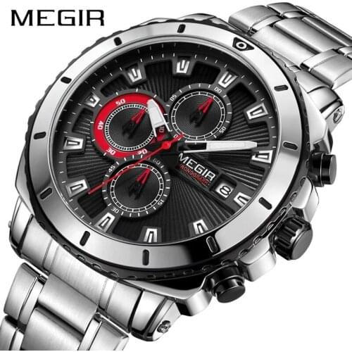 MEGIR 2021 New Stainless Steel Strap Fashion Mens Waterproof Calendar Multifunctional Sports Steel Band Quartz Watches 2075G