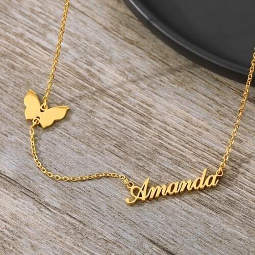 Fashion Custom Gold Chain Stainless Steel Name Necklace With Butterfly For Women Personalized Letter Gold Choker Necklace Gift