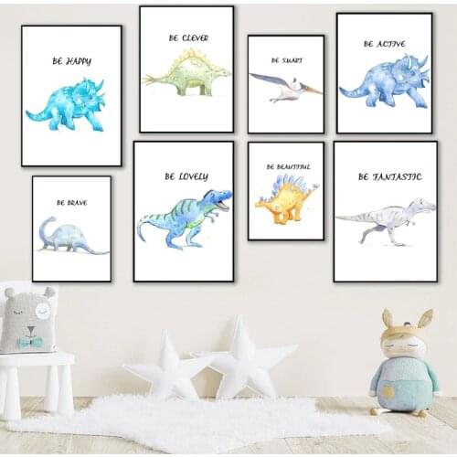 Cartoon Dinosaur Triceratops Tyrannosaurus Poster Best Wishes Wall Art Canvas Painting Prints Wall Pictures for Kids Room Decor