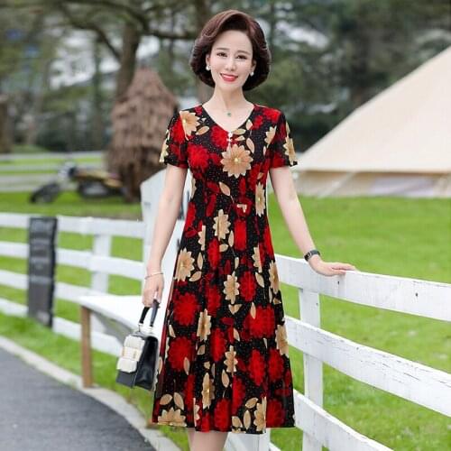 New 2021 Plus Size Summer Women Dresses Vintage Elegant Female Loose Dress Middle-aged Floral Print Short sleeve Dress Vestidos