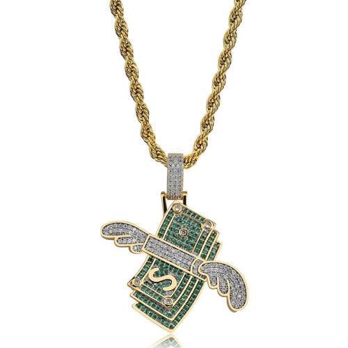 OMYFUN Factory Price Hiphip Rock Men Pendant Necklace Hip Hop Bling Jewelry Colored CZ Paved Cash Wing Pendants & Necklaces