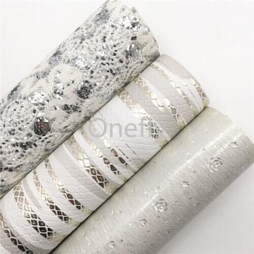 Onefly 21X29CM White Lace Glitter Fabric, Metallic Snake Faux Leather Fabric Sheets For Bow DIY handbags shoes AQ084