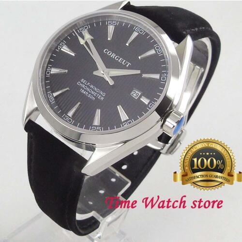 Polished Corgeut 41mm Miyota 8215 5ATM Automatic mens watch sapphire glass black dial silver marks date leather strap 2017