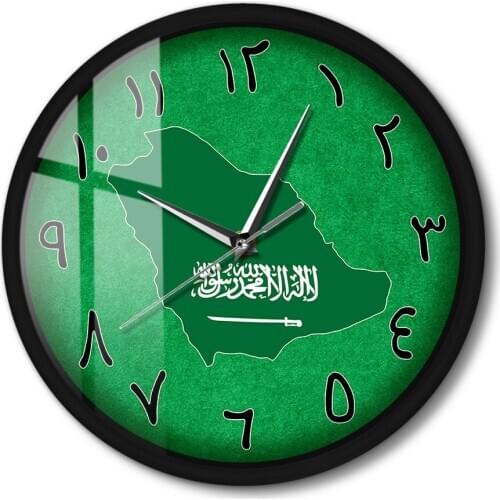 Saudi Arabia Country Map Modern Design Metal Frame Wall Clock Middle East Home Decor Sound Activated Light Arabic Wall Clock
