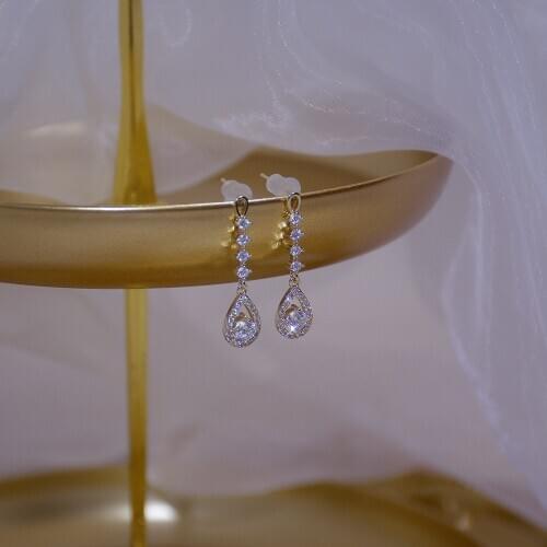 14k Real Gold Fashion Jewelry Long Crystal Exquisite Shiny Earrings for Woman Holiday Party Elegant Zircon Earring