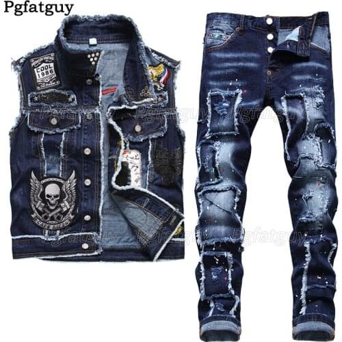 Blue Men 2 Pieces Sets 2021 New Slim Casual Embroidery Skull Denim Vest + Ragged Paint Patch Stretch Jeans Conjuntos De Hombres