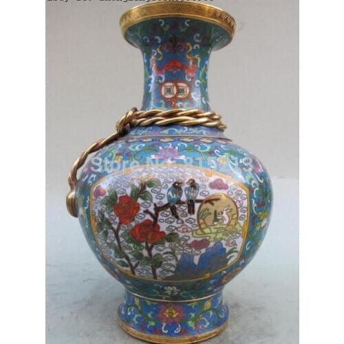 Bi001329 China Regius 100% Bronze cloisonne 24K Gold Rose Fish Magpies Palace Vase statue