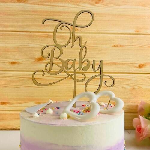 Oh Baby Cake Topper for Baby Shower Cake Decoration Supplies , Wood Glod mirror Color Acrylic Cake Topper Commemorative topper