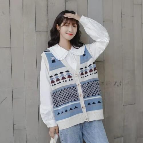 Spring Autumn Fashion Womens Cardigans Vest Sweet Cartoon Pattern Single Breasted Design Preppy Style Korean Ladies Vest Loose