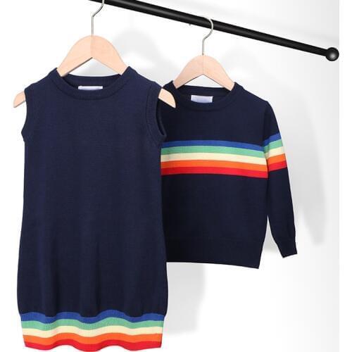 Knitted Sweater Childrens Clothing Knitted Baby Boy Sweater Baby Girl Dress Korean Siblings Outfit Rainbow Stripe Warm Sweater