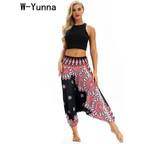 W-Yunna Fashion Floral Print Boho Cross-pants Harajuku Wide Leg Ankle Length Pantalon Femmeelastic Waist Loose Trousers 4 Colors