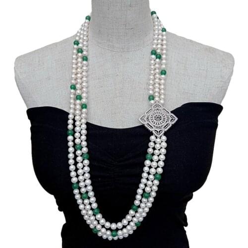 YYGEM 3 Strands Cultured White Round Freshwater Pearl Green Jade Cz Pave Connector Necklace lady jewelry 32" -34"