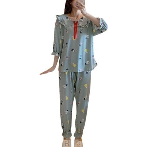Women Summer Trousers Three-quarter Sleeve Doll Collar Girl Student Sweet And Cute Loose Pajama Set