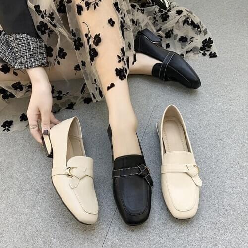 Solid Leather Round Toe Casual Shoes 2021 New Women Shoes Woman Pumps Slip on Shallow Square Low Heels Fashion Work Ladies Shoes
