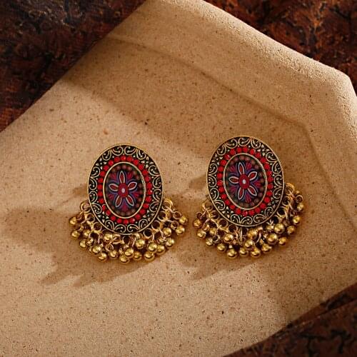 Vintage Pendientes Red Circle Dripping Oil Bollywood Oxidized Earrings For Women Boho Ethnic Sector Bells Tassel Dangle Earrings