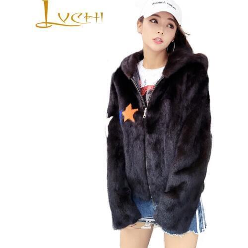 LVCHI Women Winter Real Fur Coats 2019 Five Star Pattern Mink Coat Female Thick With Hat Natural Fur Overcoats Young Women Coat