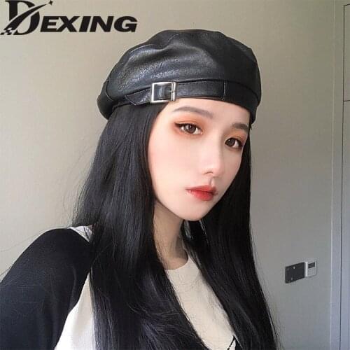 2021 Pu leather beret female spring autumn Japanese British retro iron buckle painter cap wild octagonal hat