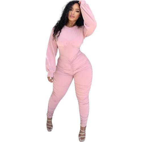 Elegant Ruched Solid Bodycon Rompers Womens Jumpsuit Sexy O Neck Long Sleeve Stacked Leggings Bodycon Jumpsuit Women Clothing