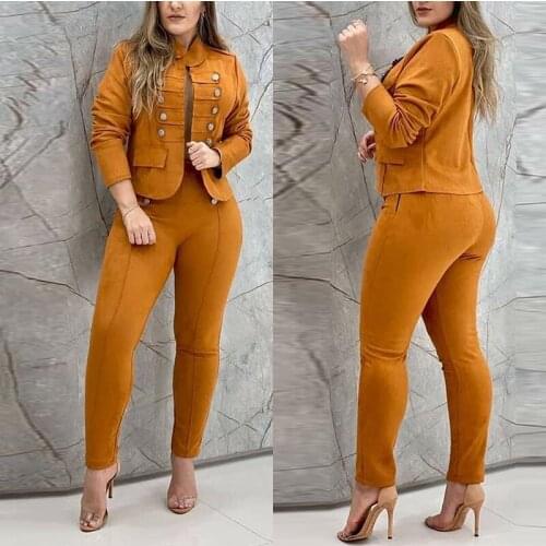 2021 Work Wear Two Piece Suit Sets Summer Women Fashion Solid Color Long Sleeve Double Breasted Blazer & Long Casual Pants Set