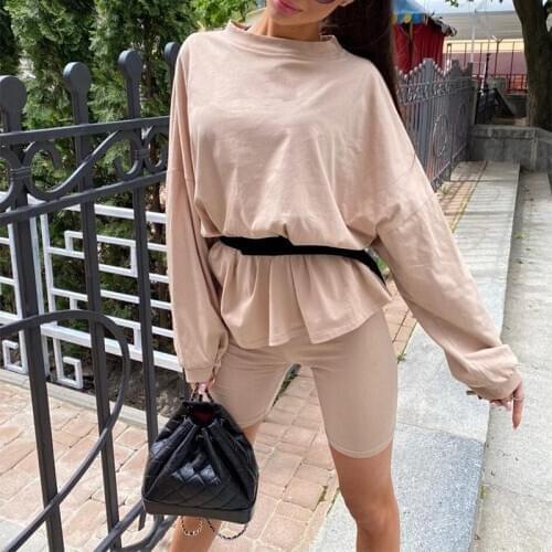 Womens Casual Two Pieces Sets With Sashes Spring Loose Long Sleeve t shirt And Shorts Ladies Sports Suit Summer Fashion Outfit