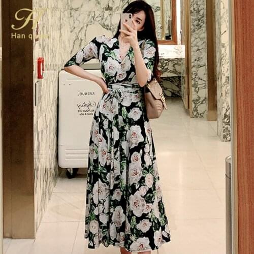 H Han Queen Elegant Floral Office Wear Dress Women Autumn V-neck High Waist A-line Dresses Party Work Ankle-length Long Vestidos