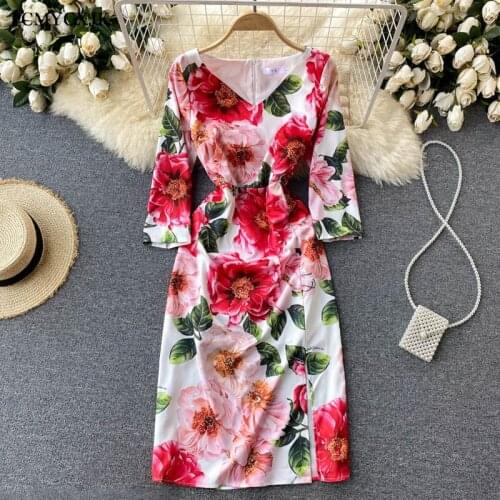 Vintage Aummer Dress Woman 2021 New Elegant Printed Floral Dress Women Fashion V-neck Waist Split Sexy Dresses Women Clothes