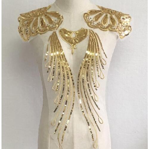 1 Set Gold Sequin Lace Fabric Noble Gown Appliques Embroidered Tassel Collar Sew Patch For Wedding Decoration Dress DIY P040