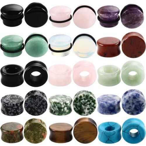 2Pcs Stone Ear Tunnel Plugs Mixed Styles Hollow Single Flared Ear Flesh Gauges Piercing Ear Expander Stretcher Unisex Jewelry
